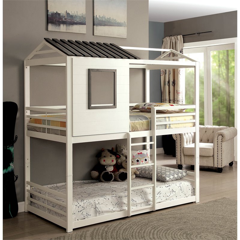 Furniture of America Nesta House Twin over Twin Bunk Bed in White - Bunk Bed Central