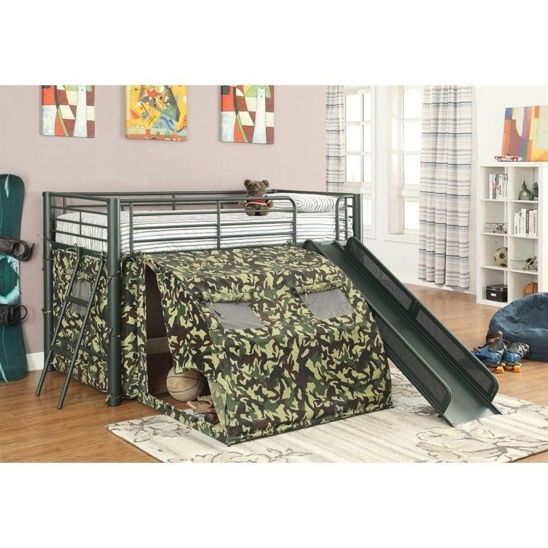 Coaster Oates Twin Size Kids Metal Loft Bed With Slide in Camouflage - Bunk Bed Central