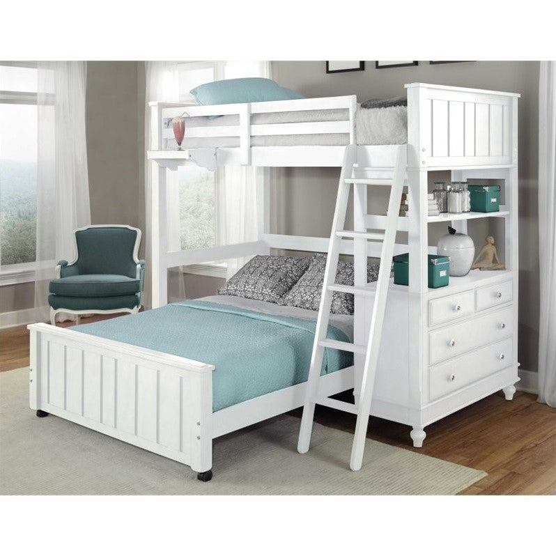NE Kids Lake House Twin Loft Bed with Full Lower Bed in White - Bunk Bed Central